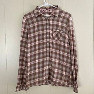 Aéropostale Plaid Button Down Shirt Brown Pink Flannel Top Women’s XL 100% Cotto